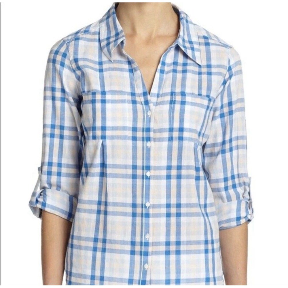Joie Blouse Size XXS Blue Beige Plaid Cotton Button Down Collared Long Sleeve